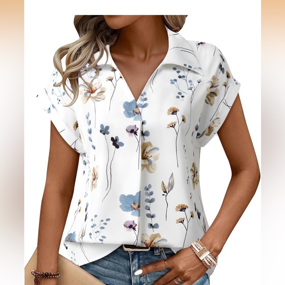 Gaharu Floral Print V-Neck Short Lapel Sleeve Blouse Size XL